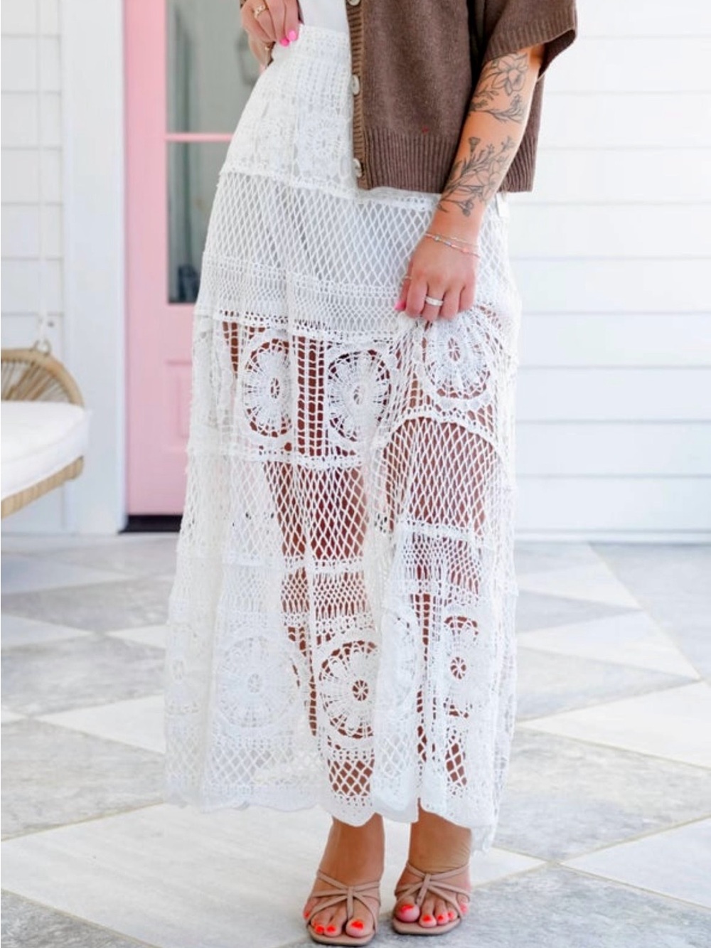 New! POL White Crochet Maxi Skirt- ONE SIZE Boho With Mini Skirt Lining